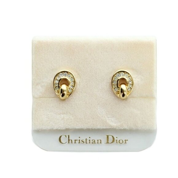 Dior Earrings Clip Type Logo Rhinestone Gold Mq Oh